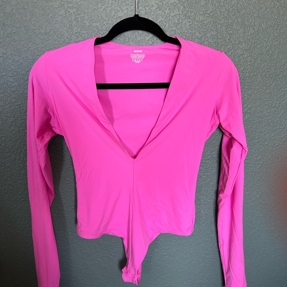 SKIMS Pink Long Sleeve Tie Front Blouse